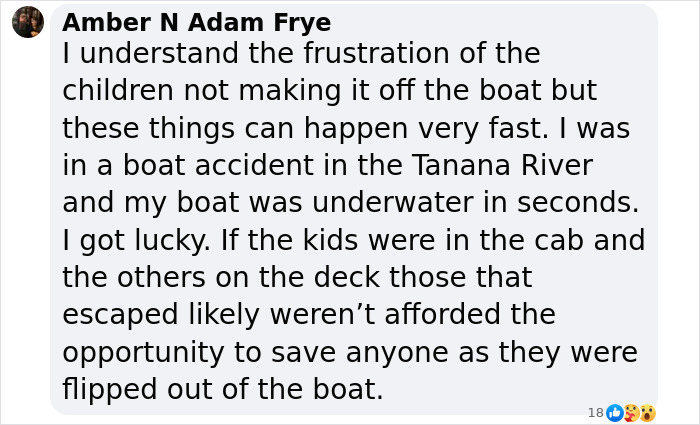 Comment discussing a boating accident and the challenges faced during a devastating boating tragedy involving a missing family.