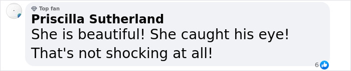 Comment by Priscilla Sutherland praising appearance, reacting to Netflix star in viral wardrobe malfunction at Cannes.