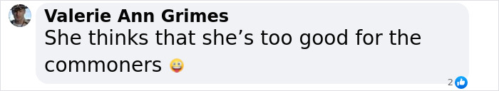 Screenshot of a social media comment by Valerie Ann Grimes sharing critical opinion about Meghan Markle's Montecito neighbor.