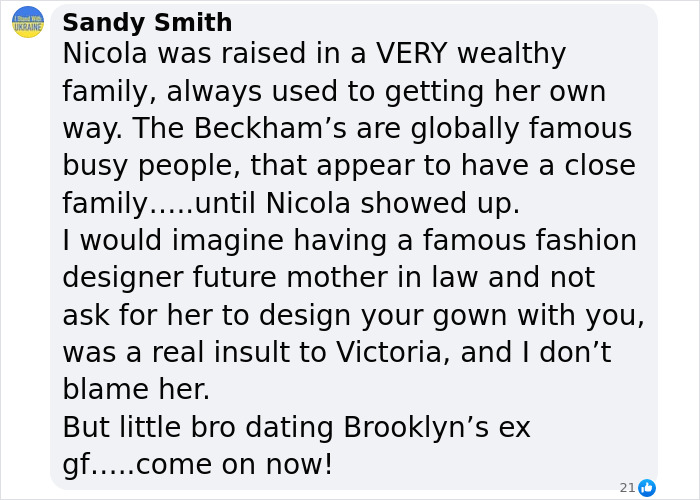 Comment discussing Nicola Peltz and labeling David Beckham narcissistic amid rumored family feud details.