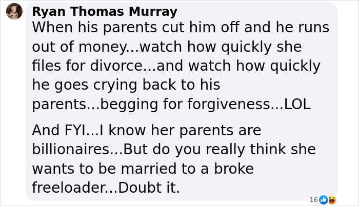 Comment discussing family feud and divorce rumors involving David Beckham, labeled narcissistic by Nicola Peltz.