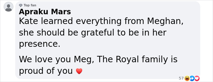 Comment on a social media post showing support for Meghan Markle amid details of a clash with Kate Middleton.