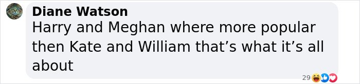 Comment about Meghan Markle and Kate Middleton clash, highlighting popularity comparison between Harry, Meghan, Kate, and William.