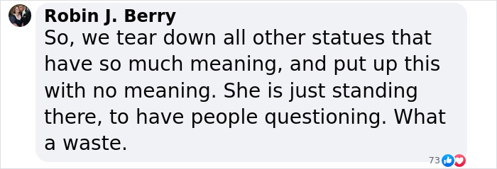 Comment by Robin J. Berry criticizing the statue of Black woman in NYC Times Square, sparking debate about its meaning.