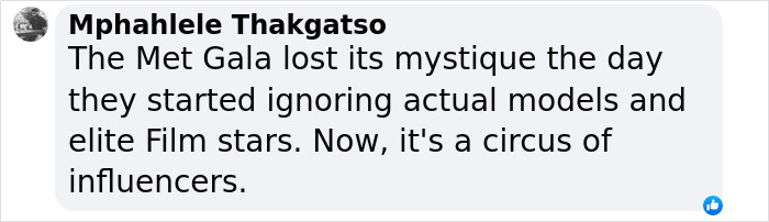 Comment criticizing the Met Gala for ignoring top models and film stars, calling it a circus of influencers.