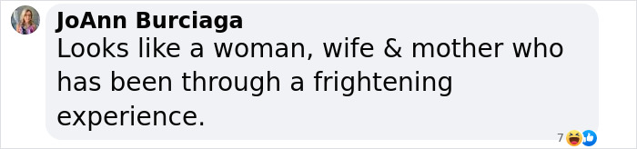 Comment by JoAnn Burciaga discussing a woman who appears to have endured a frightening experience in an online post.