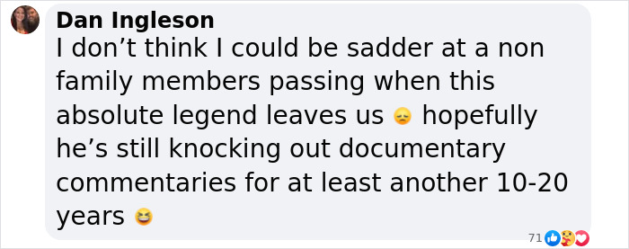 Screenshot of a social media comment expressing sadness over David Attenborough nearing the end of his life.