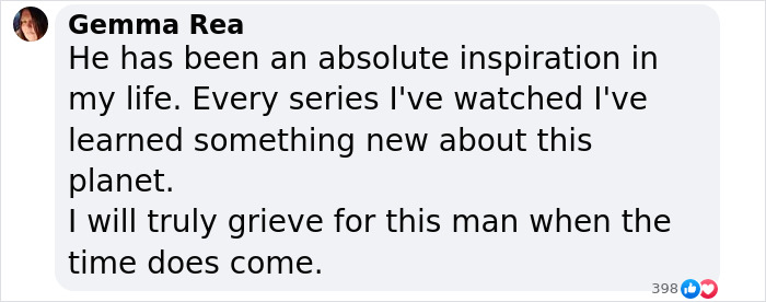 Comment from Gemma Rea expressing grief and admiration for David Attenborough near the end of his life with an urgent warning.