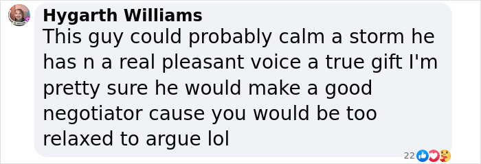 Comment box screenshot with a user praising David Attenborough&rsquo;s calm and pleasant voice, highlighting his negotiation skills.