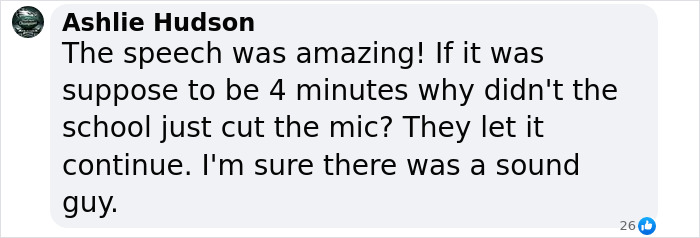 Facebook comment praising a high school valedictorian's speech amid controversy over punishment fitting the crime.