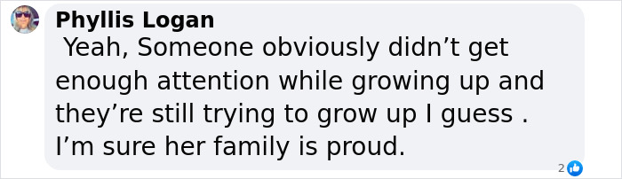 Phyllis Logan comments on someone seeking attention and growing up, expressing doubt about family pride in a social media post.