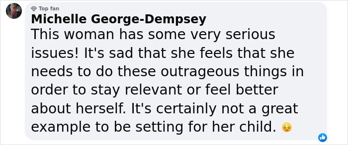 Comment by Michelle George-Dempsey criticizing a woman for outrageous behavior and its negative example for her child.