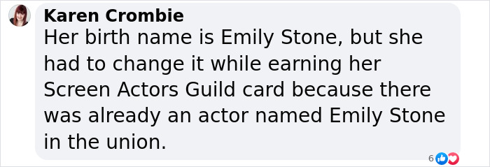 Commenter explaining Emma Stone's birth name change from Emily Stone due to Screen Actors Guild rules.