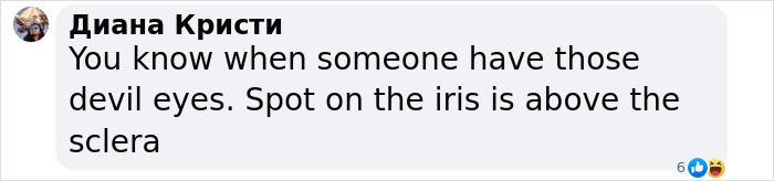 Comment in Cyrillic text discussing devil eyes and iris position in a social media post about Bella Thorne warning about Brooklyn Beckham wife Nicola Peltz.