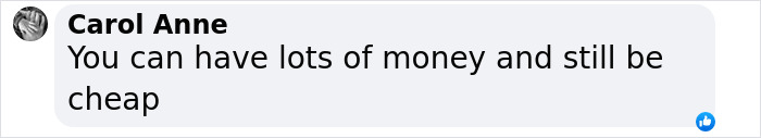 Comment by Carol Anne stating You can have lots of money and still be cheap in a social media post. Comment by Carol Anne stating You can have lots of money and still be cheap in a social media post.