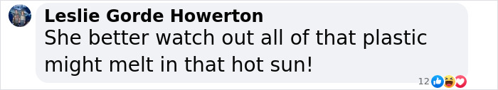 Screenshot of a social media comment reacting to bathing suit fit, mentioning concern about plastic melting in the sun.