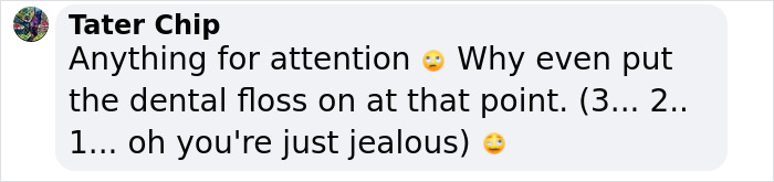 Comment by user Tater Chip mentioning attention and dental floss in response to Farrah Abraham&rsquo;s tiny bikini photoshoot reactions.