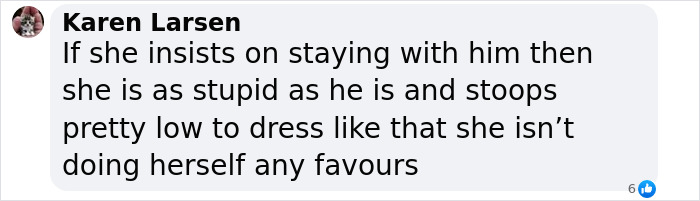 Comment by Karen Larsen expressing disapproval of Bianca Censori's sheer top and its impact on her image.