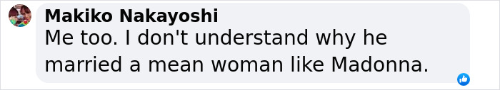 Comment on social media discussing Sean Penn's reaction to ex-Madonna calling him the love of her life.