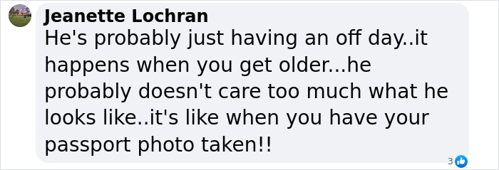 Facebook comment from Jeanette Lochran discussing someone having an off day, comparing it to a passport photo experience.