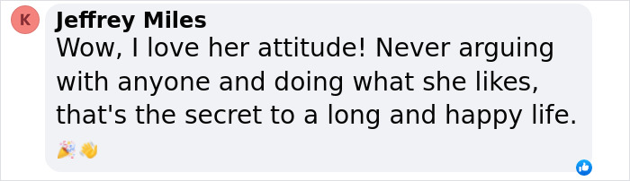 Comment by Jeffrey Miles on social media praising a 115-year-old lady for her secret to a long and happy life.
