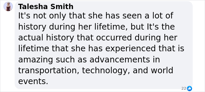 Comment by Talesha Smith highlighting the 115-year-old lady witnessing major historical and technological advancements.