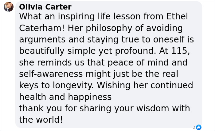 Comment by Olivia Carter praising the 115YO lady as the world's oldest human and her secret to longevity avoiding arguments.