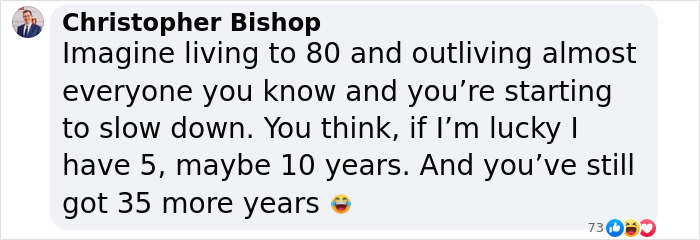 Screenshot of a Facebook comment by Christopher Bishop reflecting on outliving others and having extra years to live.