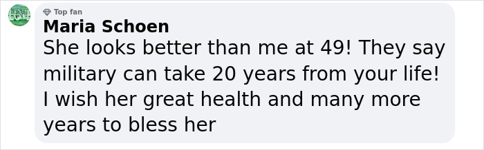 Comment by Maria Schoen praising a 115YO lady as the world's oldest human, wishing her great health and many more years.