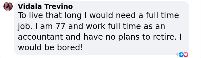 Comment from Vidala Trevino expressing admiration for the lifestyle of a 115-year-old lady, world&rsquo;s oldest human.