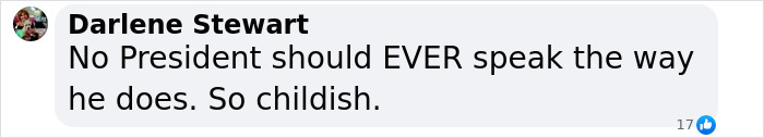 Facebook comment by Darlene Stewart criticizing a president's speech as childish, related to Taylor Swift and White House response.