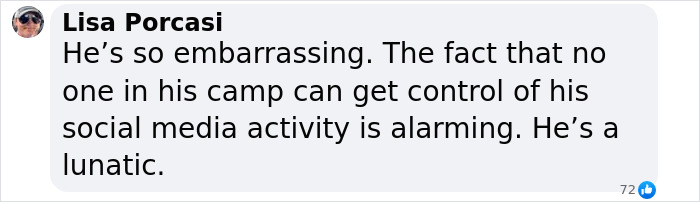 Facebook comment from Lisa Porcasi criticizing President Trump's social media activity as embarrassing and alarming.