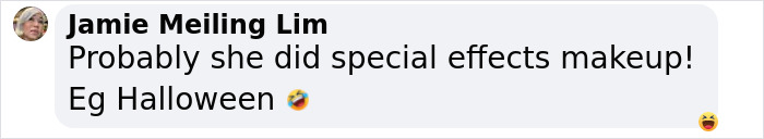 Facebook comment from Jamie Meiling Lim joking about special effects makeup related to airport facial recognition failure incident.