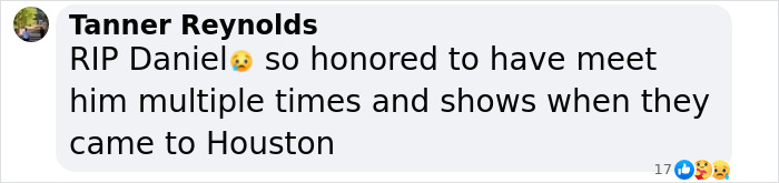 Comment from Tanner Reynolds expressing sorrow over the famous drummer's death in San Diego plane crash.