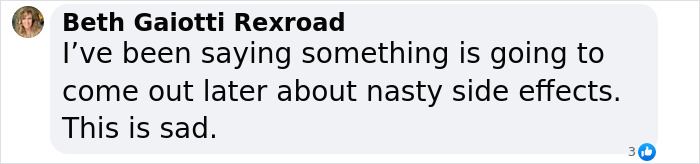 Comment by Beth expressing concern about nasty side effects related to Ozempic tongue from weight-loss meds.