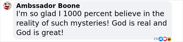 Facebook comment from Ambassador Boone expressing strong belief in the reality of the Hand of God mystery after mom prayed for baby's health.