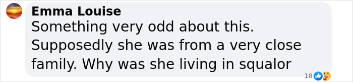 Comment from Emma Louise expressing suspicion about a missing teen living in squalor despite close family ties. Comment from Emma Louise expressing suspicion about a missing teen living in squalor despite close family ties.