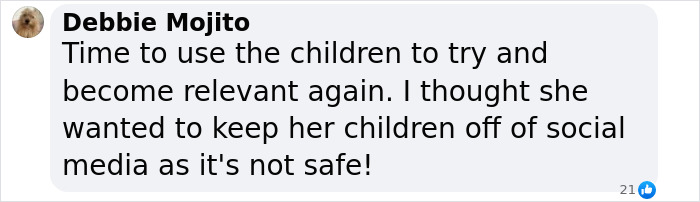 Facebook comment by Debbie Mojito criticizing Meghan Markle for using her children to stay relevant, mentioning social media safety concerns. Facebook comment by Debbie Mojito criticizing Meghan Markle for using her children to stay relevant, mentioning social media safety concerns.