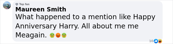 Comment criticizing Meghan Markle for not mentioning Prince Harry in her anniversary post, expressing disappointment.