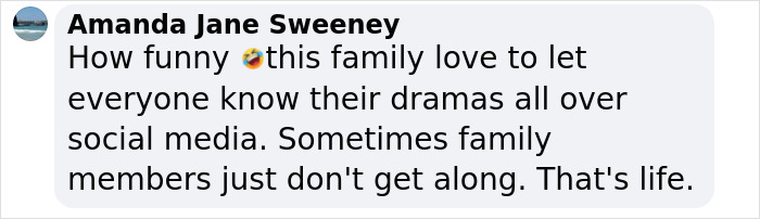 Comment from Amanda Jane Sweeney about family drama and social media during David Beckham's 50th birthday party feud.