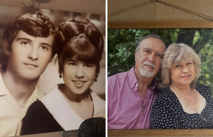 Side-by-side past and present pictures of a couple showcasing hilarious and sweet moments years apart.