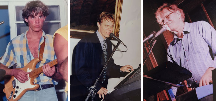Side-by-side past and present pictures of a man playing guitar and keyboard in different years showing years apart.
