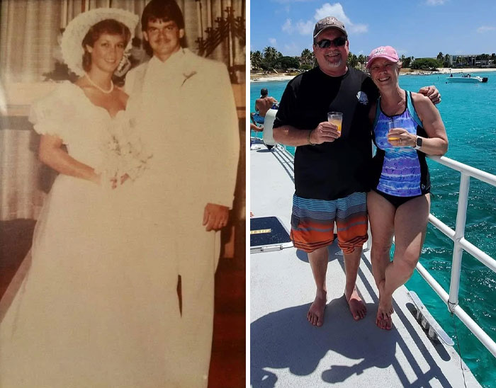 Side-by-side past-and-present pictures of a couple showing hilarious and sweet moments years apart by the water.