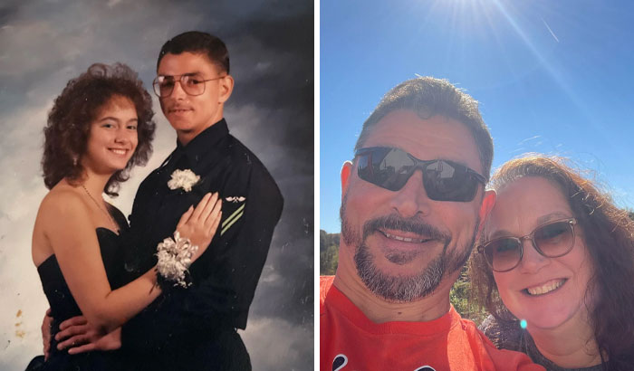 Side-by-side past and present pictures of a couple years apart showing sweet and hilarious moments.