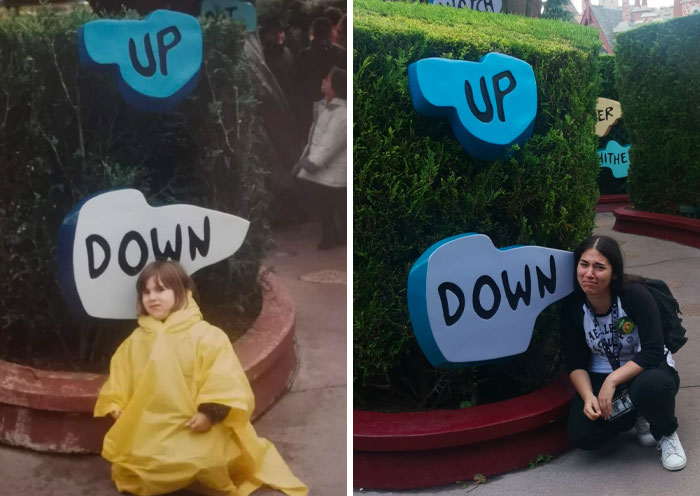 Side-by-side past and present photos of a person sitting near up and down signs in a garden setting years apart.