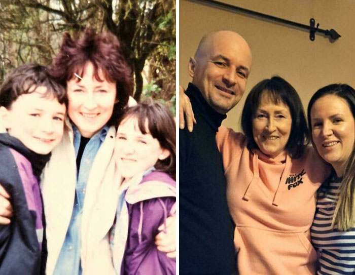 Side-by-side past and present pictures of people showing changes over the years in a warm family setting.