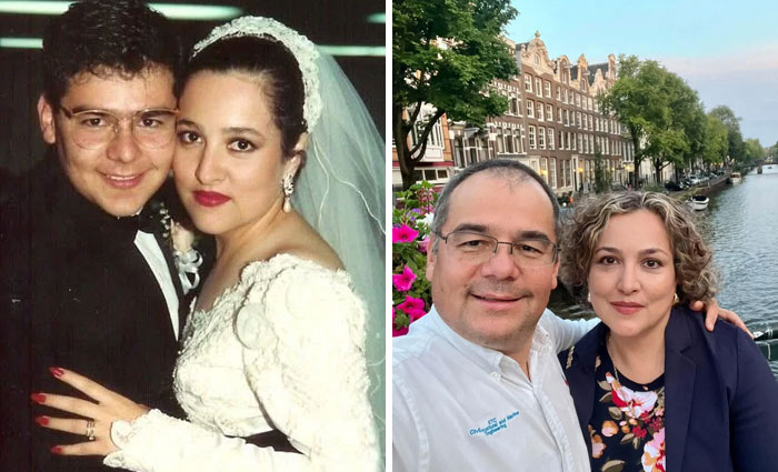 Side-by-side past and present pictures of a couple years apart showing sweet and hilarious moments