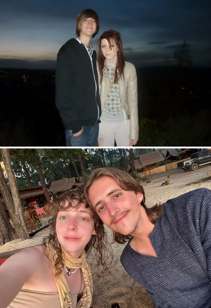 Past and present pictures of a young couple years apart, showing their growth and enduring connection outdoors.
