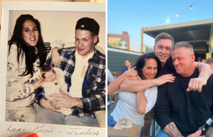 Side-by-side past and present pictures of a family showing sweet and hilarious moments years apart outdoors and indoors.