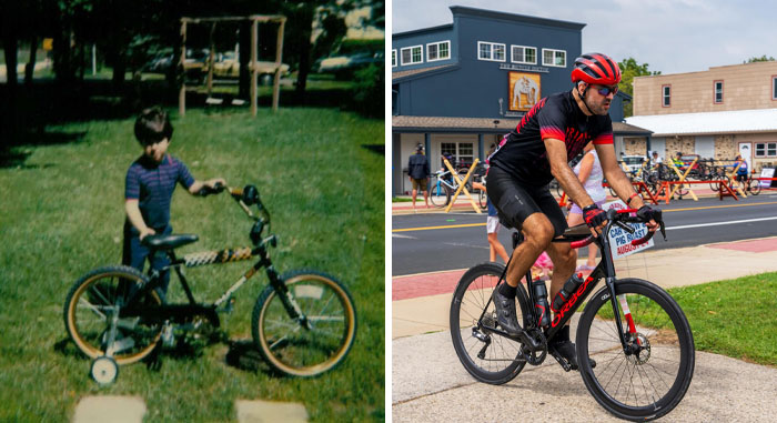 Side-by-side past and present pictures of a person with their bike years apart, showing growth and change over time.